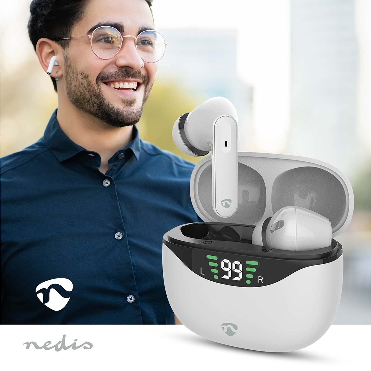 Nedis Fully Wireless Earphones | ANC (Active Noise Cancelling) | Bluetooth® | Maximum battery play time: 30 hrs | Touch Control | Charging case | Wireless charging case | Built-in microphone | Voice control support | White