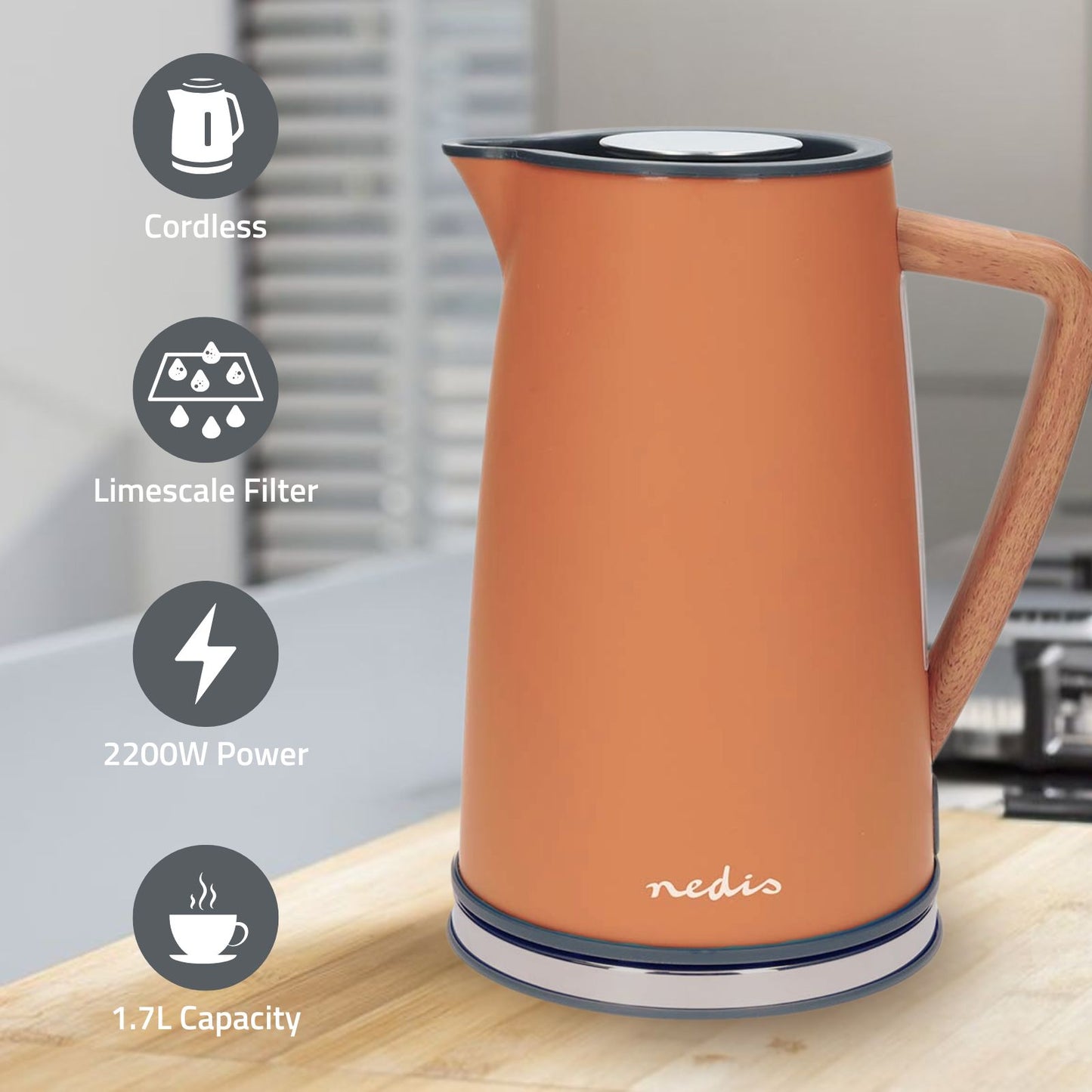 Nedis Electric Kettle | 1.7 l | Soft-Touch | Orange | Rotatable 360 degrees | Concealed heating element | Strix® controller | Boil-dry protection