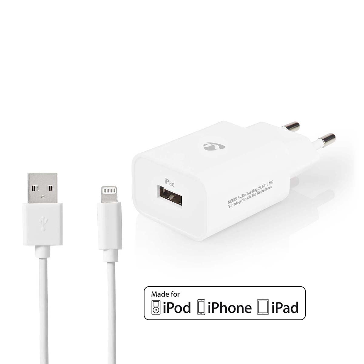 Nedis Wall Charger | 12 W | Quick charge feature | 1x 2.4 A | Number of outputs: 1 | USB-A | Lightning 8-Pin (Loose) Cable | 1.00 m | Single Voltage Output | White
