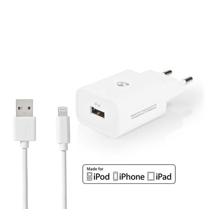 Nedis Wall Charger | 12 W | Quick charge feature | 1x 2.4 A | Number of outputs: 1 | USB-A | Lightning 8-Pin (Loose) Cable | 1.00 m | Single Voltage Output | White