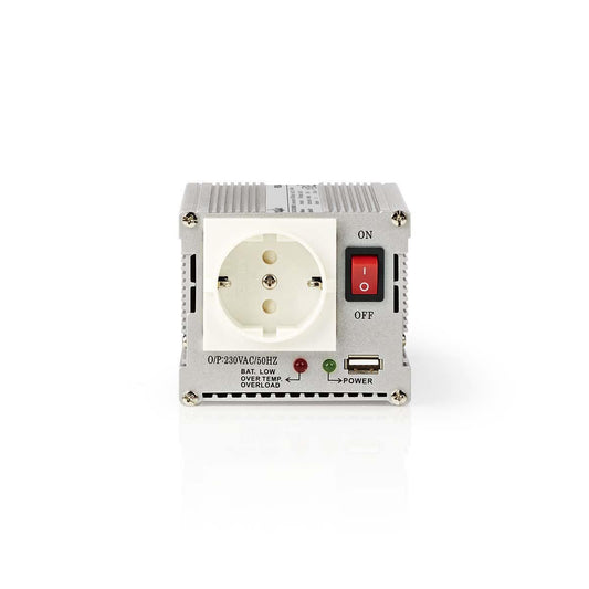 Nedis Power Inverter Modified Sine Wave | Input voltage: 24 V DC | Device power output connection(s): Type F (CEE 7/3) / USB-A | 230 V AC 50 Hz | 300 W | Peak power output: 600 W | Battery Clamps + Cigarette Lighter | Silver