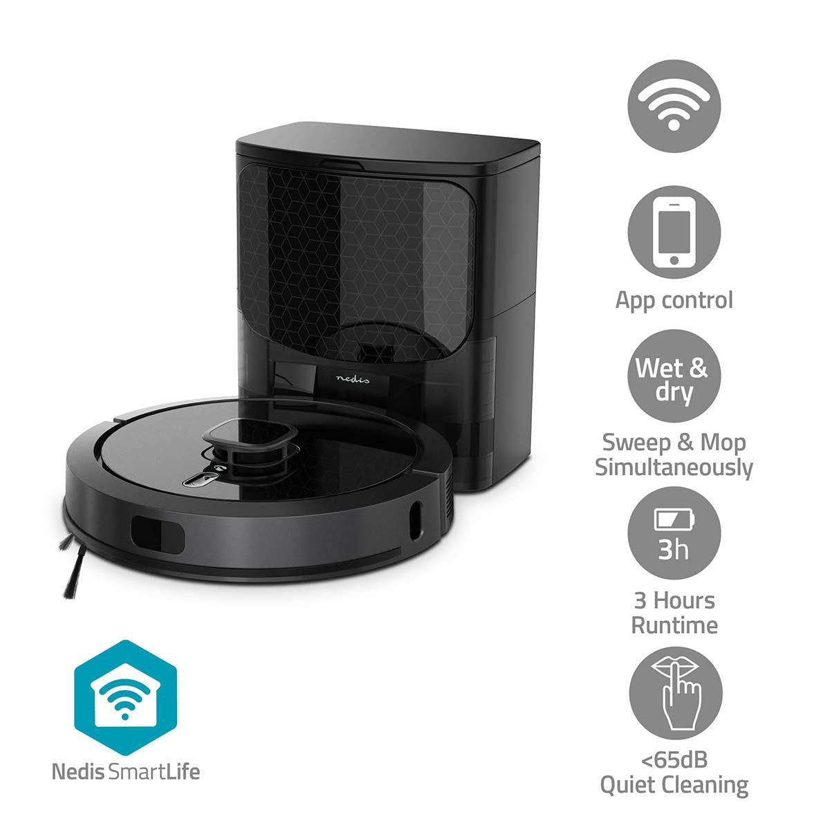 Nedis SmartLife Robot Vacuum Cleaner | Laser Navigation | Wi-Fi | Capacity collection reservoir: 0.6 l | Automatic charging | Maximum operating time: 3 hrs | Black | Android™ / IOS