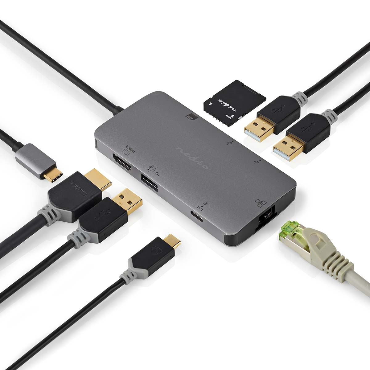 Nedis USB Multi-Port Adapter | USB 3.2 Gen 1 | USB-C™ Male | HDMI™ Output / Micro SD / RJ45 Female / SD / USB-C™ Female / 3x USB-A Female | 5 Gbps | 0.20 m | Round | Gold Plated | PVC | Anthracite | Box