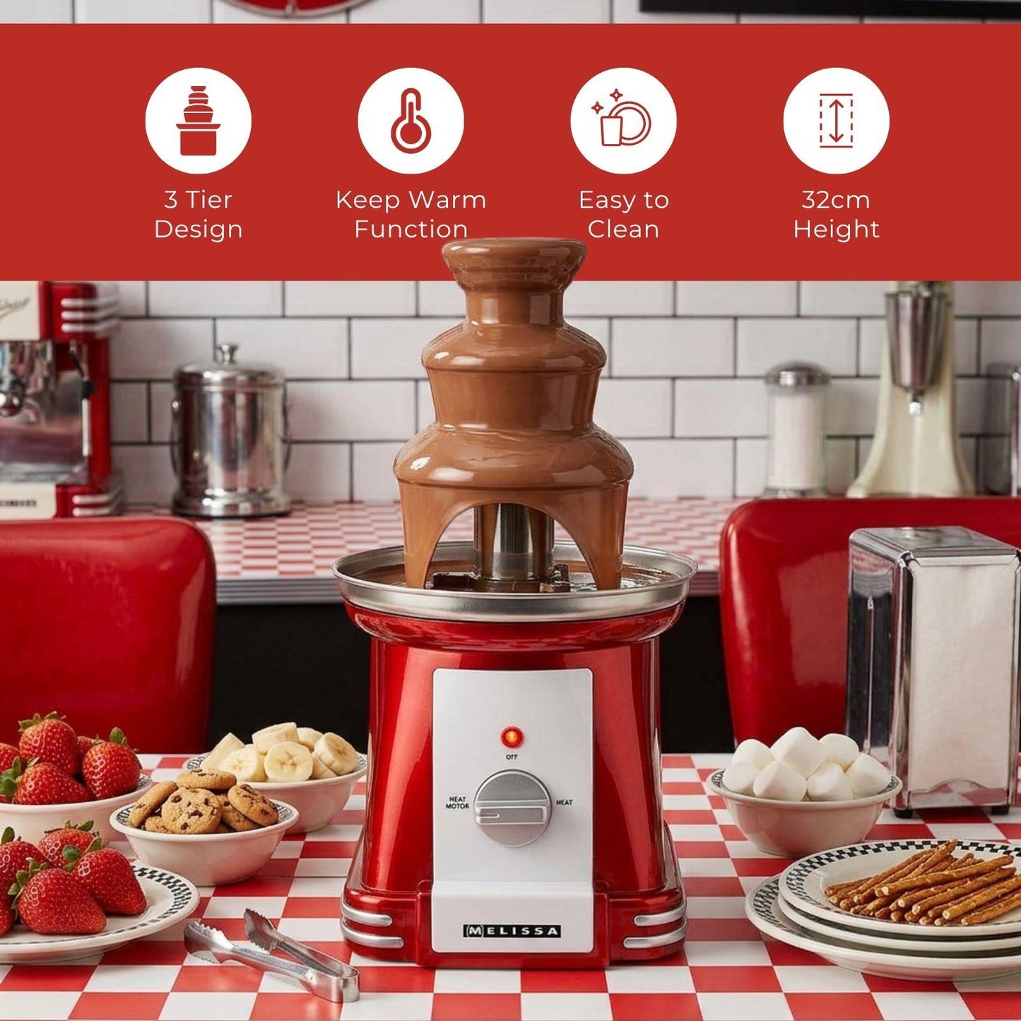 MELISSA Chocolate Fontain | 90 W | 32cm height | 3 Tiers | Red / White