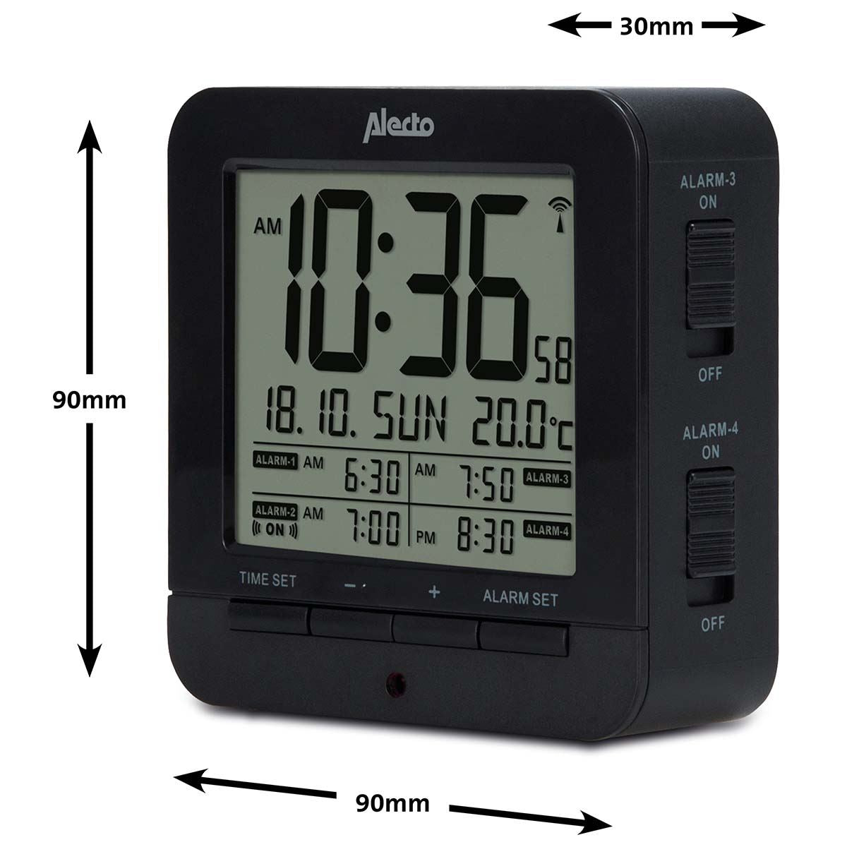 Alecto LCD Alarm Clock | Snooze | 4 Alarm Settings | with Indoor Thermometer | Black