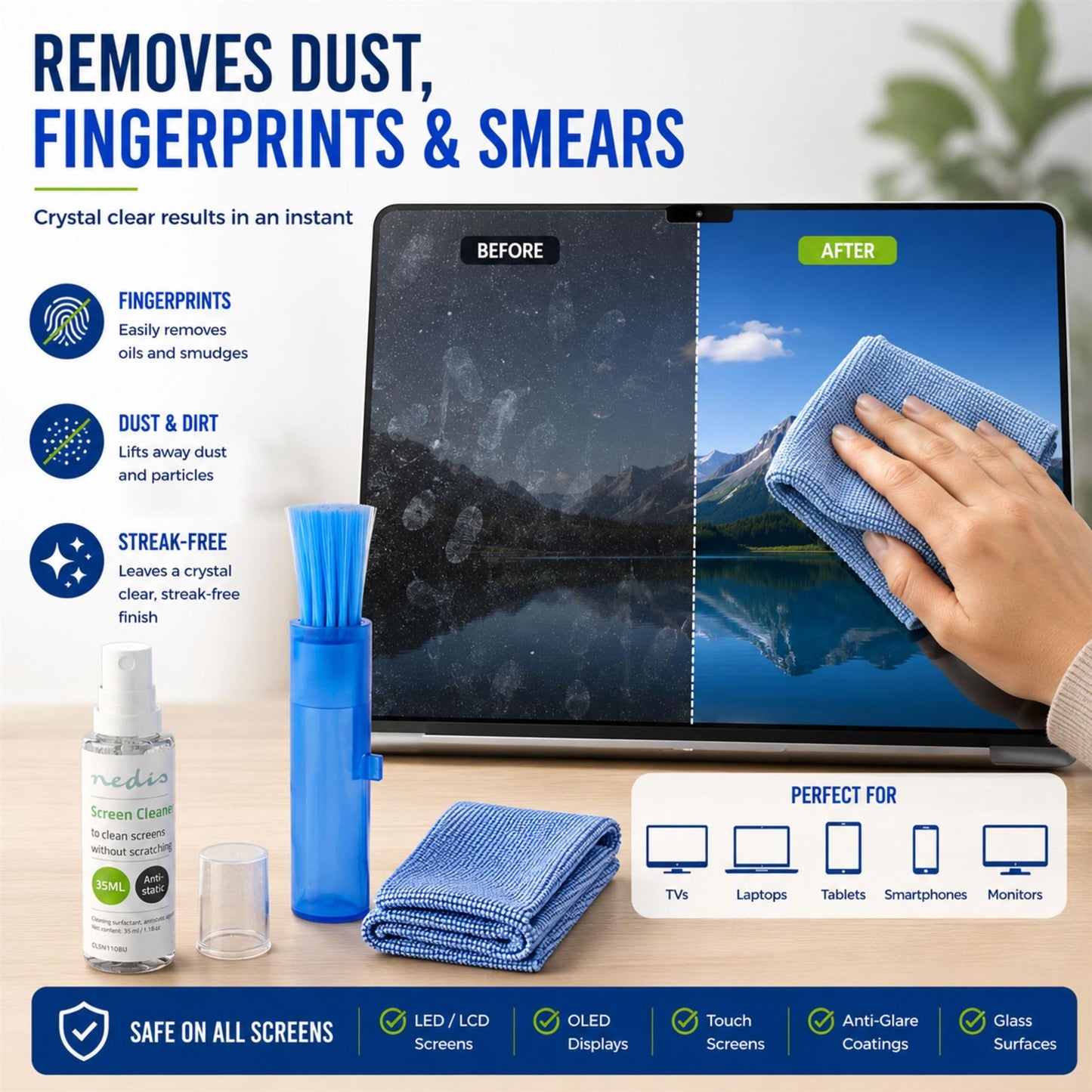 Nedis Screen Cleaner | Spray | 35 ml | Notebook / Smartphone / Tablet / TV Screen | Wiper included