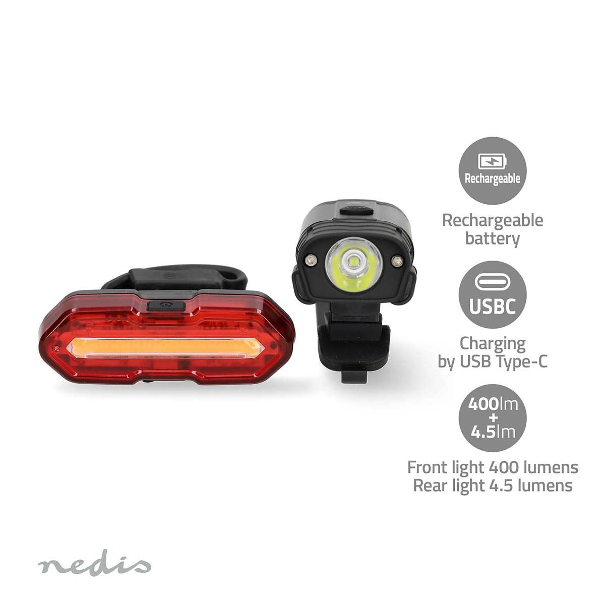 Nedis Bicycle Light | Battery Powered | 5 V DC | 3 W | Batteries included | Rechargeable | 400 lm | 4.5 lm | 100 m | 110 °