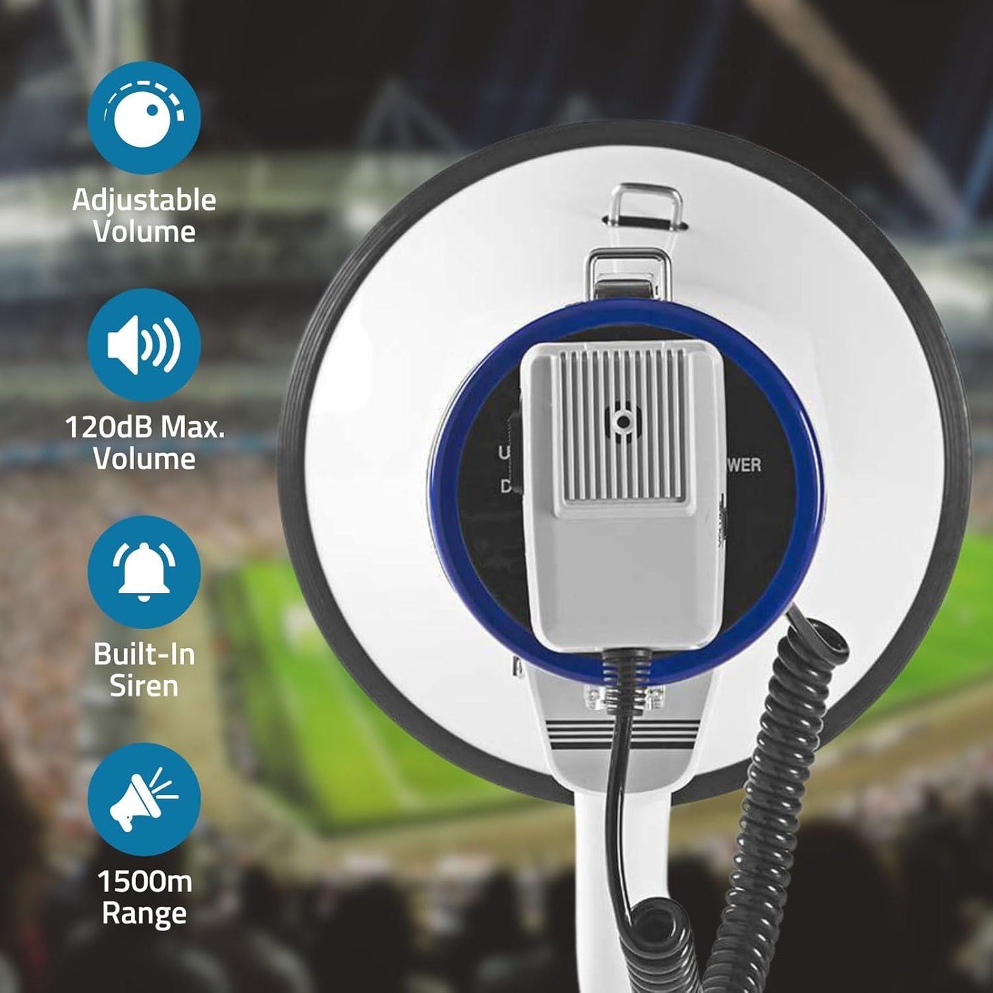 Nedis Megaphone | Maximum range: 1500 m | Maximum Volume control: 120 dB | Detachable Microphone | Built-in siren | Shoulder strap | Blue / White