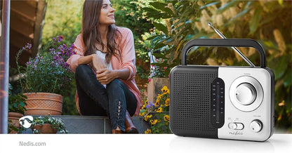 Nedis FM Radio | Portable Design | FM | Battery Powered / Mains Powered | Analogue | 2.4 W | Black White Screen | Headphone output | Carrying handle | Black / White