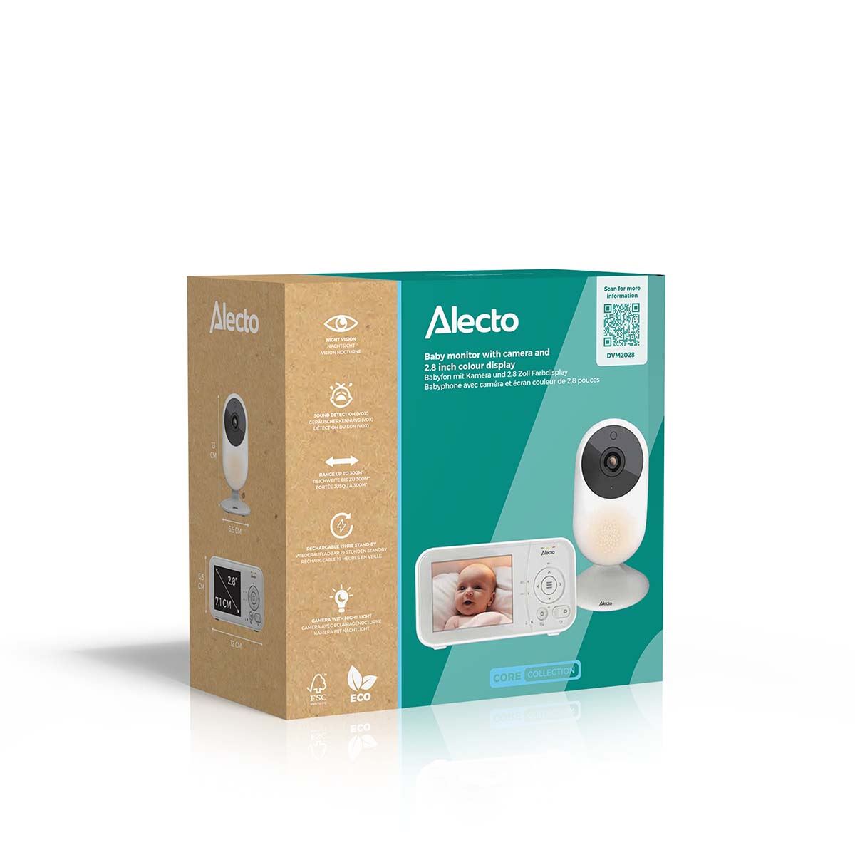 Alecto DVM2028 | Baby Monitor with Camera 2.8-inch Display - Night vision, Temperature Display, 19 hours Standby Time | White / Grey