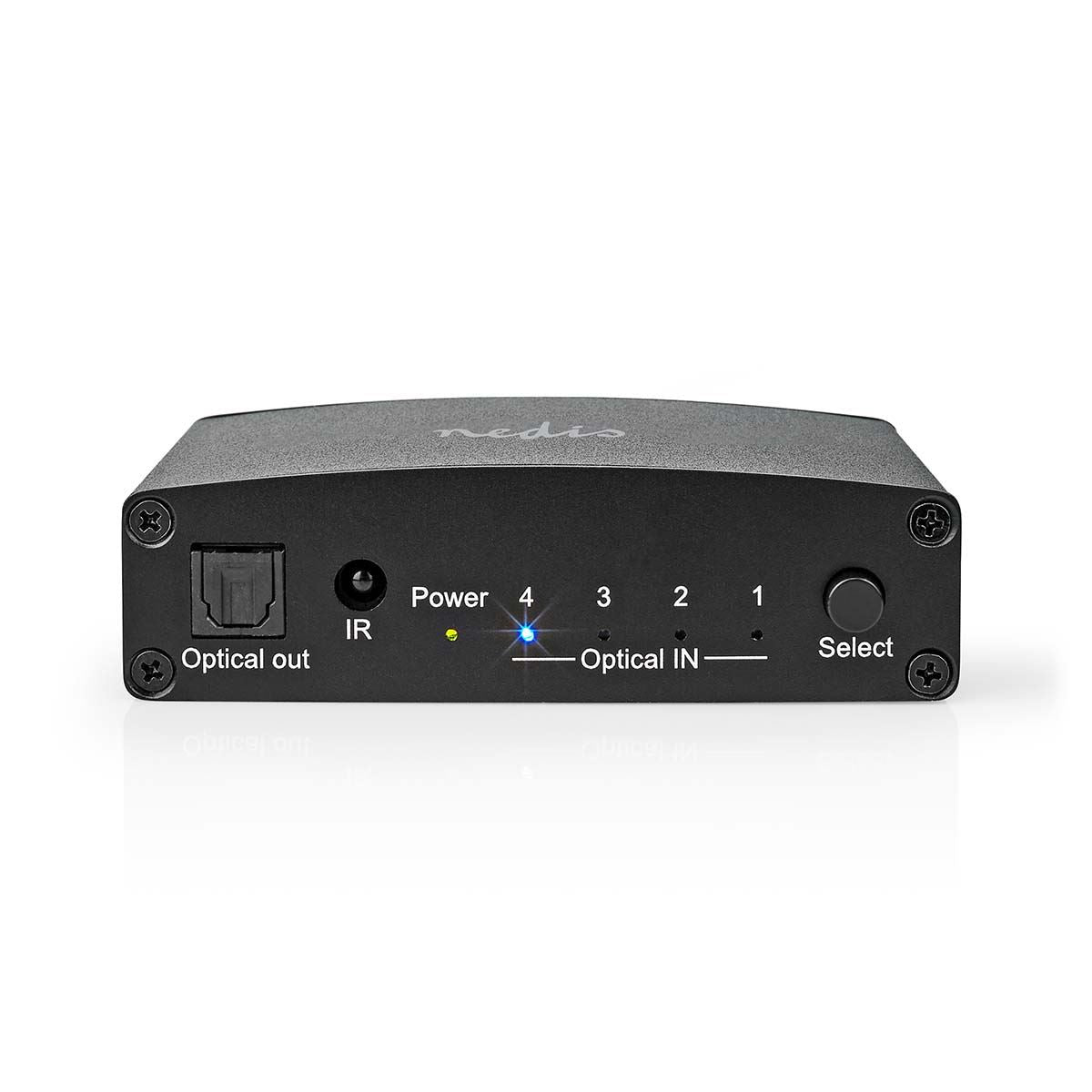 Nedis Digital Audio Switch | 4-way | Connection input: DC Power / 4x TosLink | Connection output: TosLink Female | Manual / Push Button / Remote Control | Metal | Black