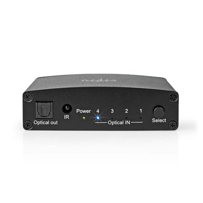 Nedis Digital Audio Switch | 4-way | Connection input: DC Power / 4x TosLink | Connection output: TosLink Female | Manual / Push Button / Remote Control | Metal | Black