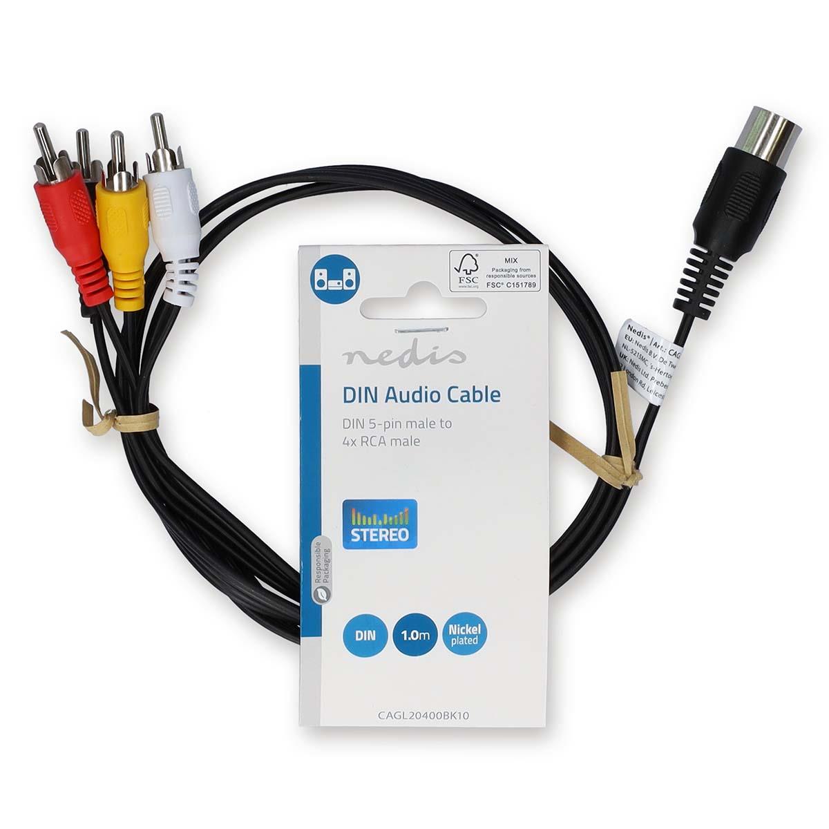 Nedis DIN Audio Cable | DIN 5-Pin Male | 4x RCA Male | Nickel Plated | 1.00 m | Round | PVC | Black | Label