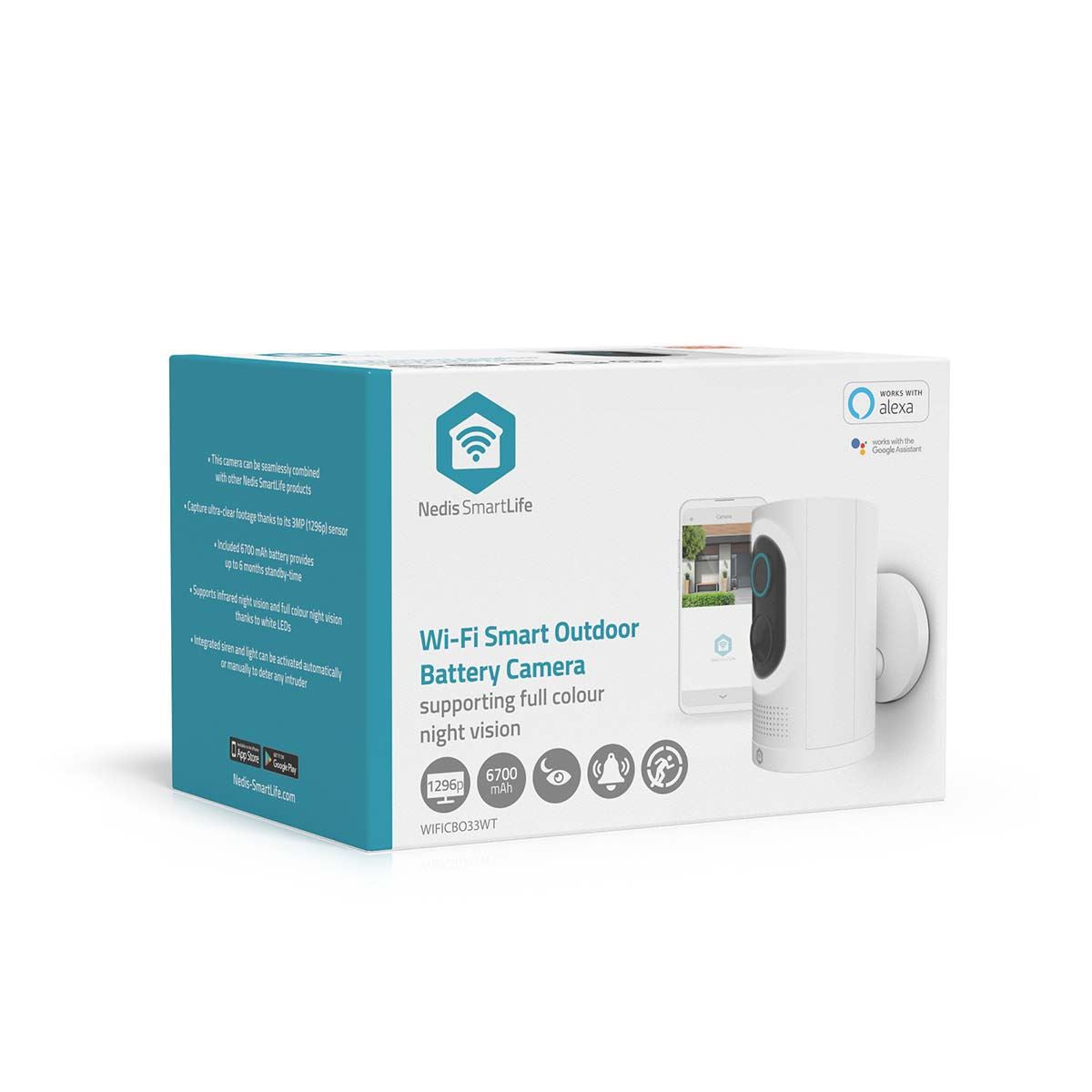 Nedis SmartLife Outdoor Camera | Spotlight | 3MP Full HD 1296p | IP65 | Max. battery life: 6 Months | Cloud Storage (optional) / microSD (not included) | 5 V DC | With motion sensor | Night vision | White