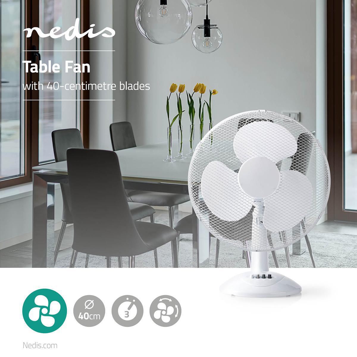 Nedis Table Fan | Mains Powered | Diameter: 400 mm | 45 W | Oscillation | 3-Speed | White