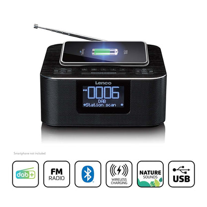 Lenco CR-650BK | DAB+ FM Clock Radio | USB | Qi Wireless Smartphone Charging | Black