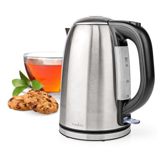 Nedis Electric Kettle | 1.7 l | Stainless Steel | Black / Silver | Rotatable 360 degrees | Concealed heating element | Strix® controller | Boil-dry protection