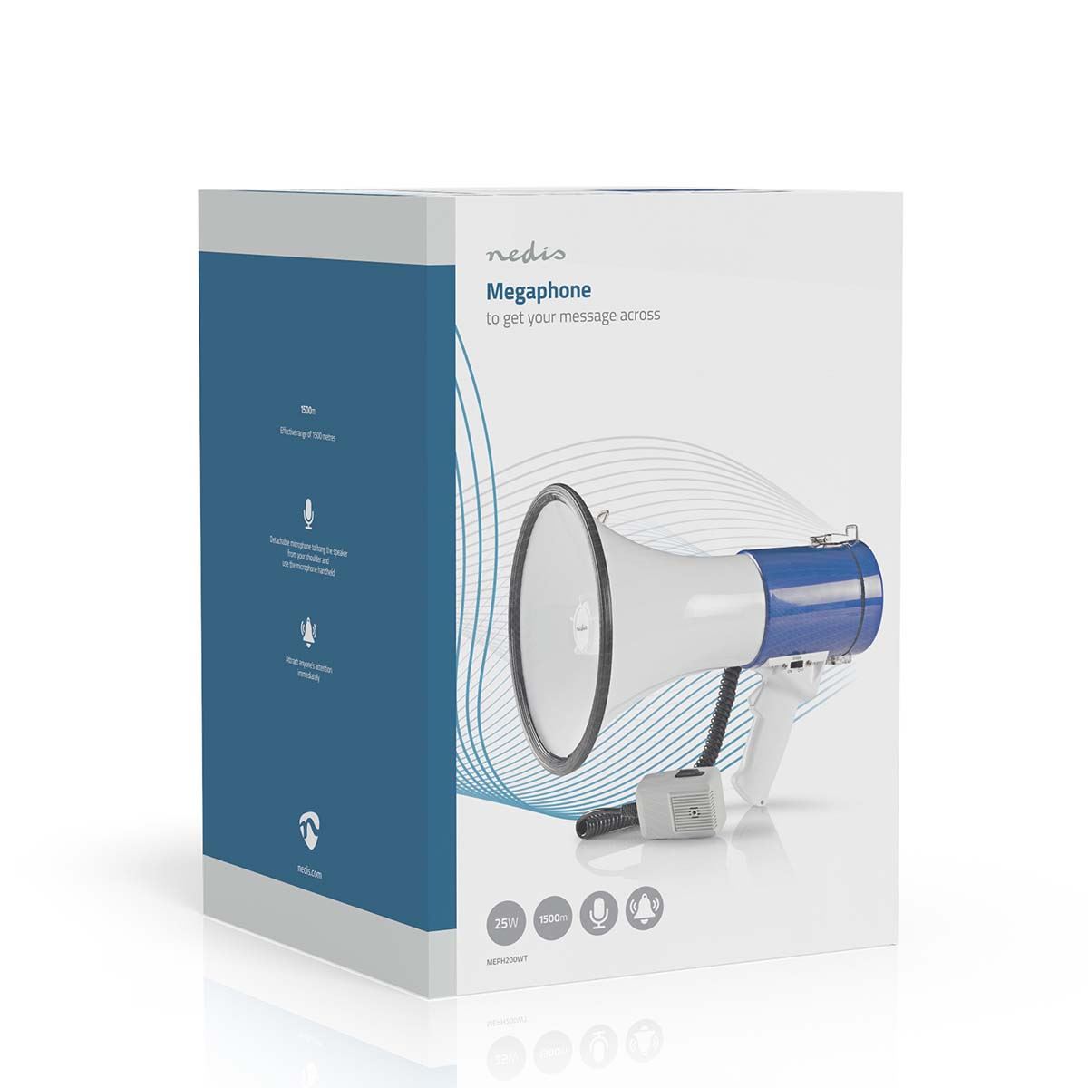 Nedis Megaphone | Maximum range: 1500 m | Maximum Volume control: 120 dB | Detachable Microphone | Built-in siren | Shoulder strap | Blue / White