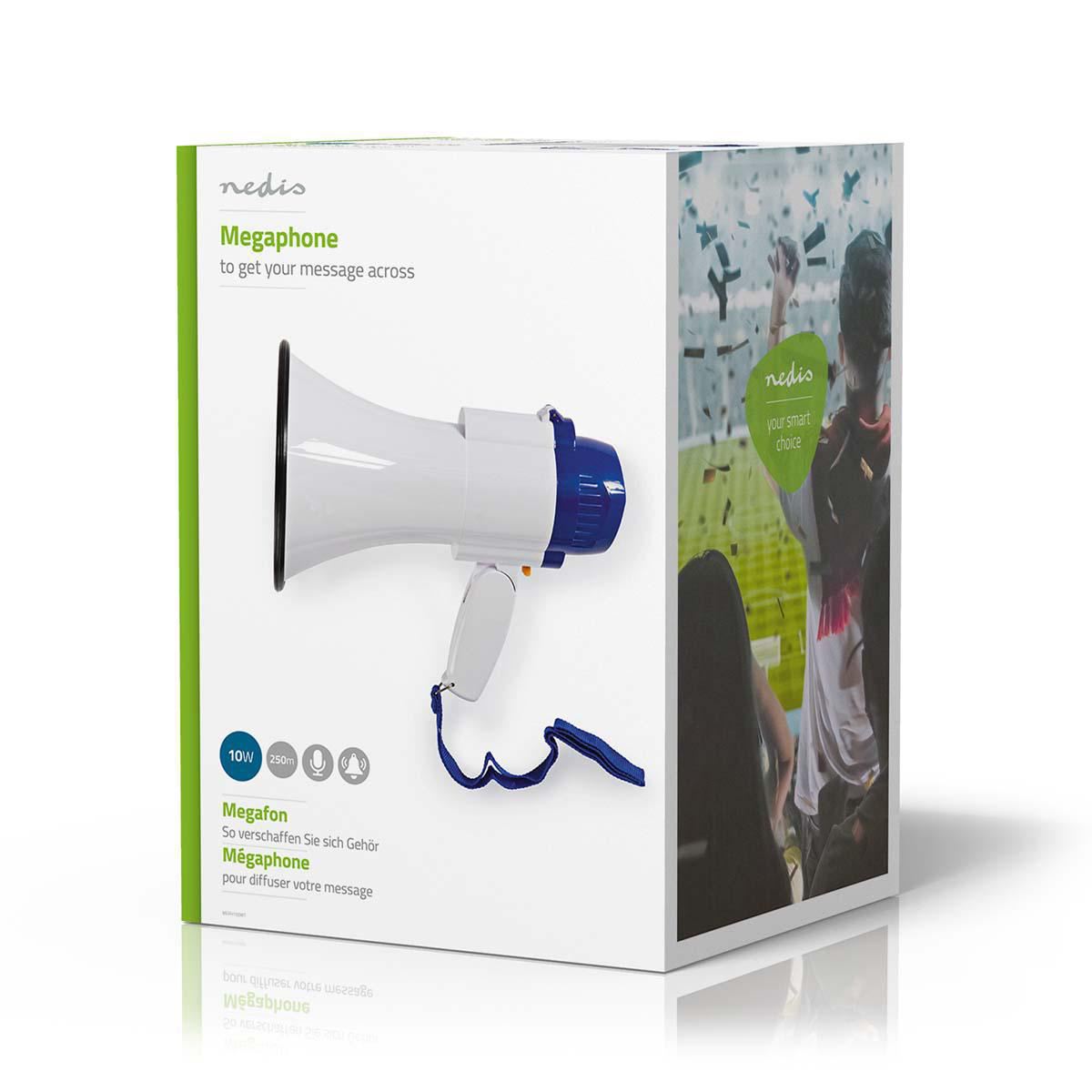 Nedis Megaphone | Maximum range: 250 m | Maximum Volume control: 115 dB | Built-In Microphone | Built-in siren | Recording function | Blue / White