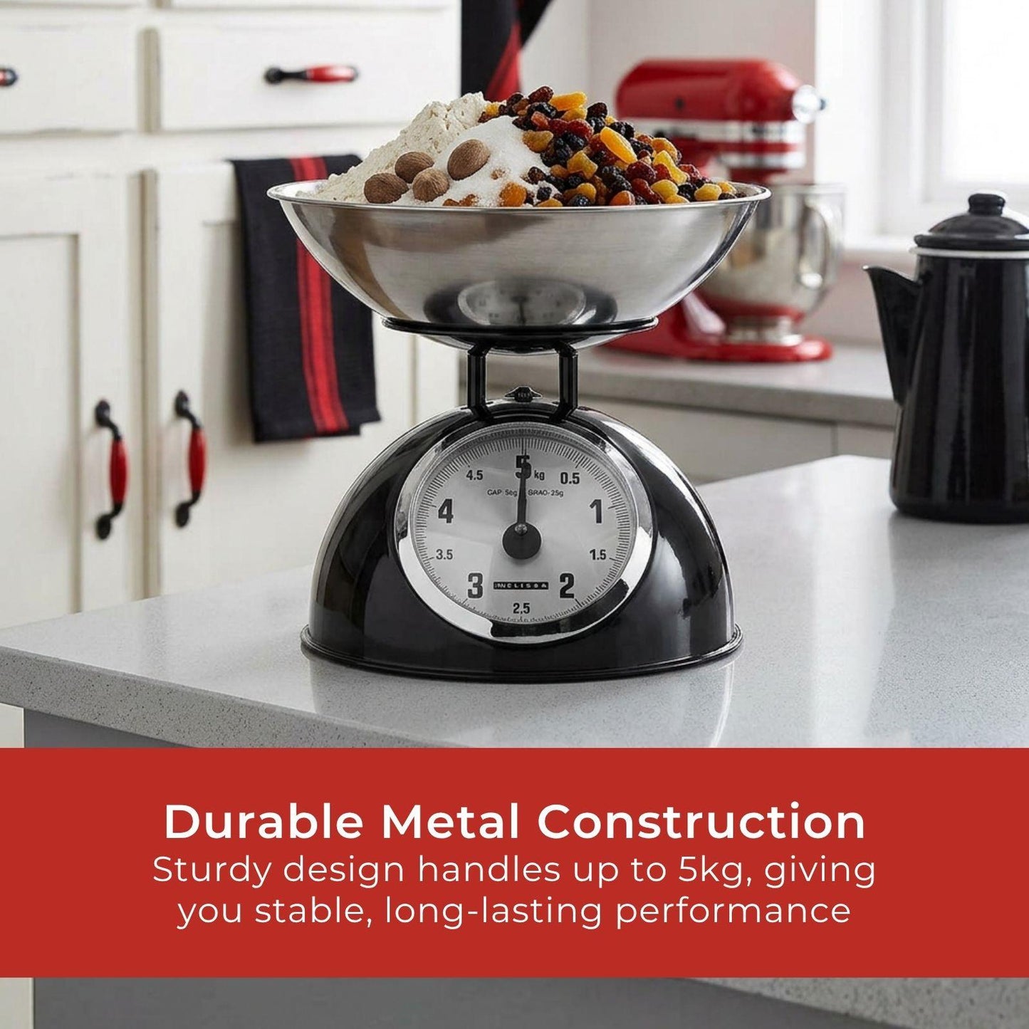 MELISSA Retro Kitchen Scale | Analog | Metal Housing | Removable bowl | Max. 5kg | 25-gram increments | Black