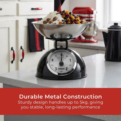 MELISSA Retro Kitchen Scale | Analog | Metal Housing | Removable bowl | Max. 5kg | 25-gram increments | Black