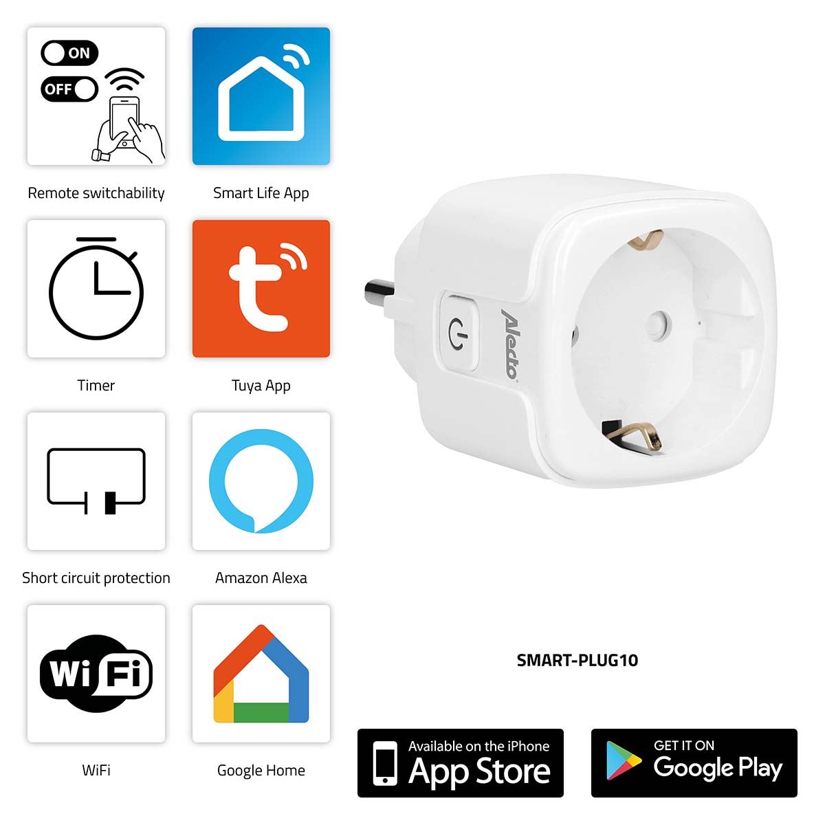 Alecto SMART-PLUG10 Schuko EU Smart Wi-Fi plug 16A 3680W