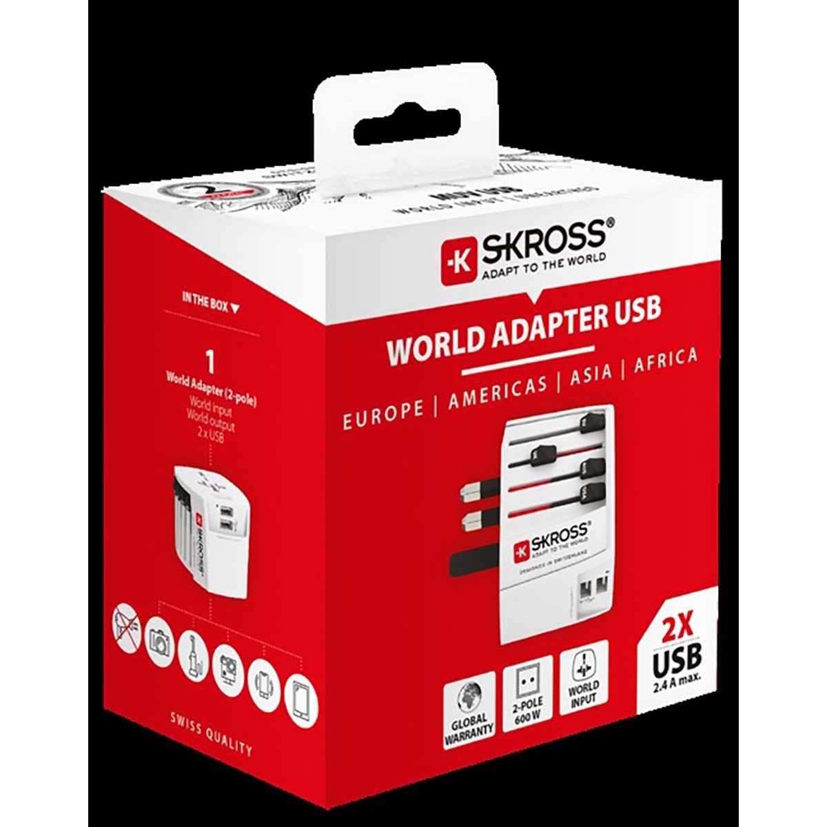 Skross SKross | MUV USB (2xA) Compact 2-pole world travel adapter with 2 integrated USB ports