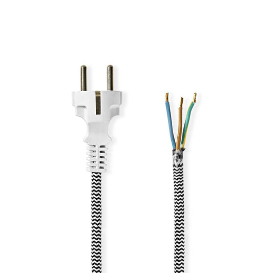 Nedis Power Cable | Plug with earth contact male | Open | Straight | Straight | Nickel Plated | 3.00 m | Round | Cotton | Black / White | Label