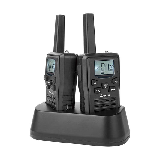 Alecto FR200BK | Walkie-Talkie Set | 2 Handsets | Up to 10 km | Frequency channels: 8 | PTT / VOX | 24 h standby| Charging base included | Headphone output | Black