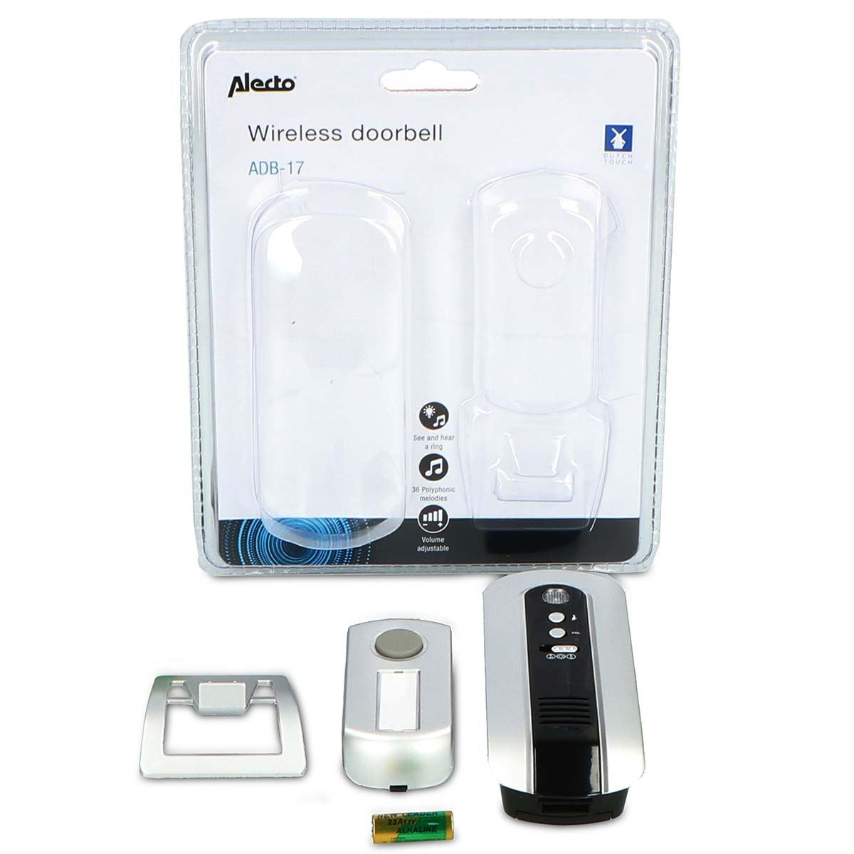 Alecto Wireless Battery Powered Doorbell | 36 Tones | Black / Silver