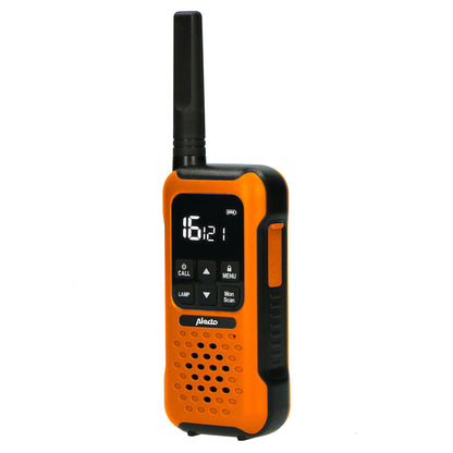 Alecto FR300OE | Walkie-Talkie Set | 2 Handsets | Up to 10 km | Frequency channels: 16 | PTT / VOX | 110 h standby| Charging base included | Headphone output | Orange