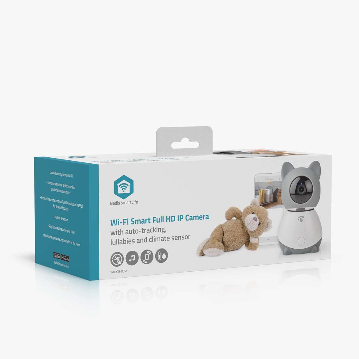 Nedis SmartLife Indoor Camera | Wi-Fi | Full HD 1080p | Pan tilt | Cloud Storage (optional) / microSD (not included) | With motion sensor | Night vision | Grey / White