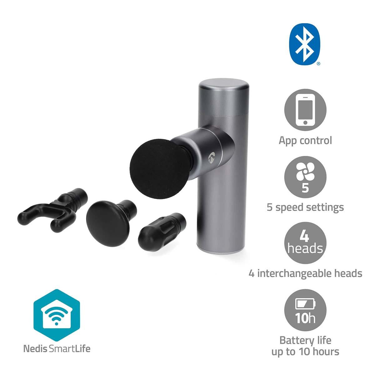 Nedis SmartLife Sports Massage Gun | Accu Powered | N/A | Rechargeable | 5 Massage Modes | Conical Head / Drawstring Bag / Flat Head / Spherical Head / U-shape Head | Dark Grey