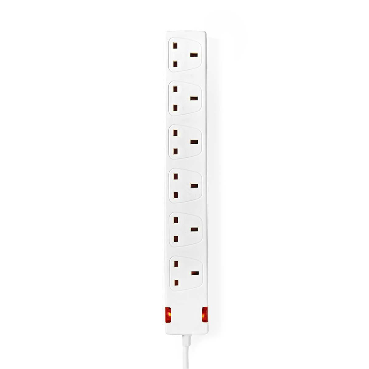 Nedis Extension Socket | Type G | 6-Way | 3.00 m | 3120 W | 13 A | Kind of grounding: UK Plug Earth pin | 230 V AC 50/60 Hz | Socket angle: 90 ° | H05VV-F 3G1.5mm² | White