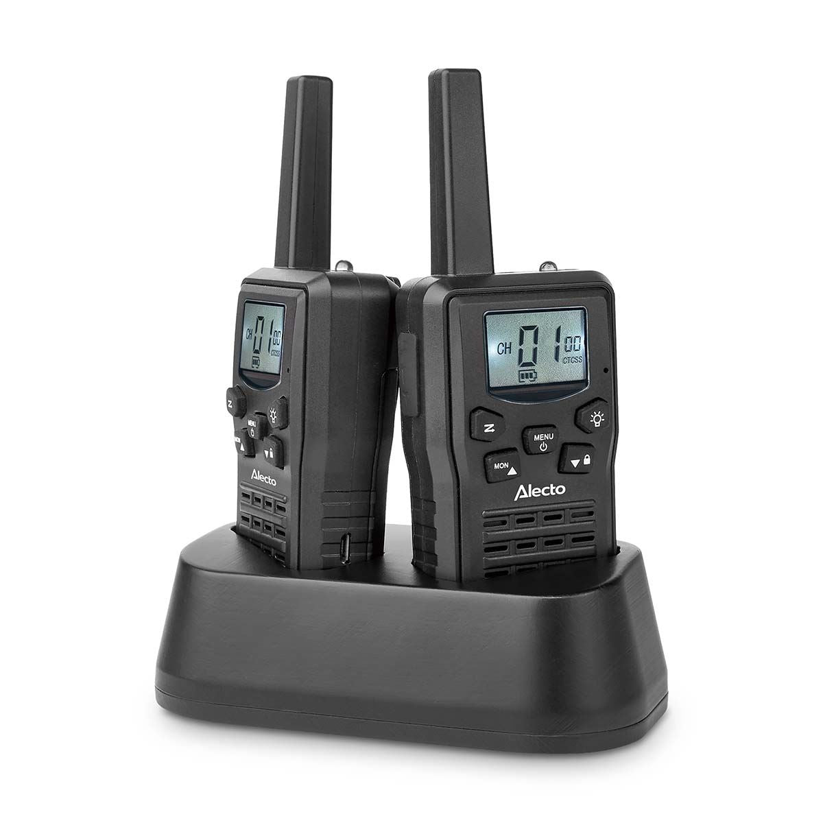 Alecto FR200BK | Walkie-Talkie Set | 2 Handsets | Up to 10 km | Frequency channels: 8 | PTT / VOX | 24 h standby| Charging base included | Headphone output | Black