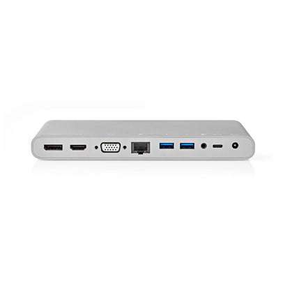 Nedis USB Docking Station | USB 3.2 Gen 1 | USB-C™ Male | DisplayPort Female / HDMI™ Output / RJ45 Female / VGA Female / 2x 3.5 mm Female / 2x USB-C™ / 4x USB-A | 0.20 m | Round | Nickel Plated | Braided / Nylon | White | Window Box with Euro Lock