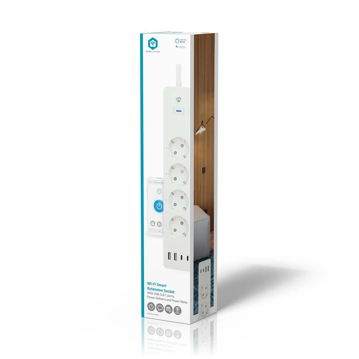 Nedis SmartLife Power Strip | Wi-Fi | 2x USB-A / 2x USB-C™ / 4x plug with earth contact (CEE 7/3) | 16 A | 3680 W | 2.00 m | 0 - 55 °C | Android™ / IOS | White