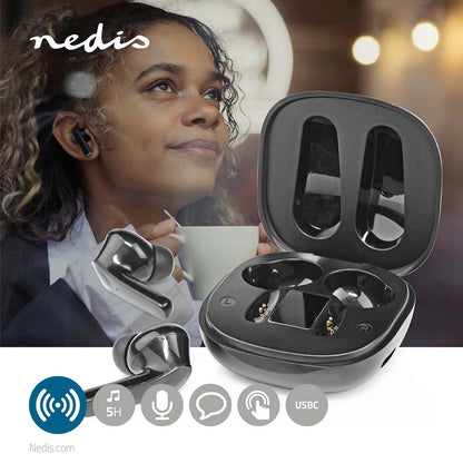 Nedis Fully Wireless Earphones | Bluetooth® | Maximum battery play time: 5 hrs | Touch Control | Charging case | Built-in microphone | Voice control support | Noise canceling | Black
