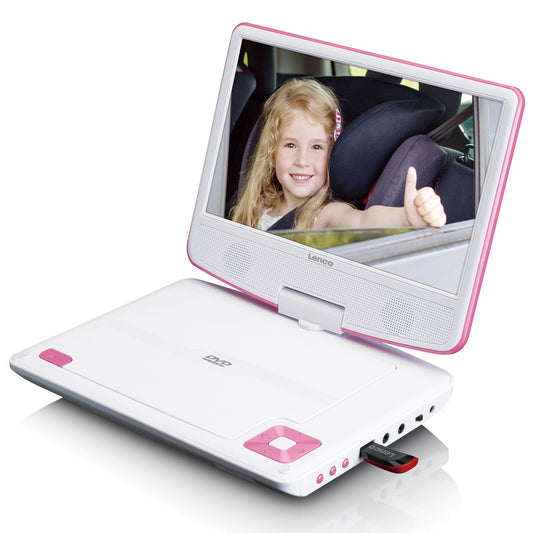 Lenco DVP-910PK | Portable 9" DVD-Player | USB Headphones and Mounting bracket | Pink