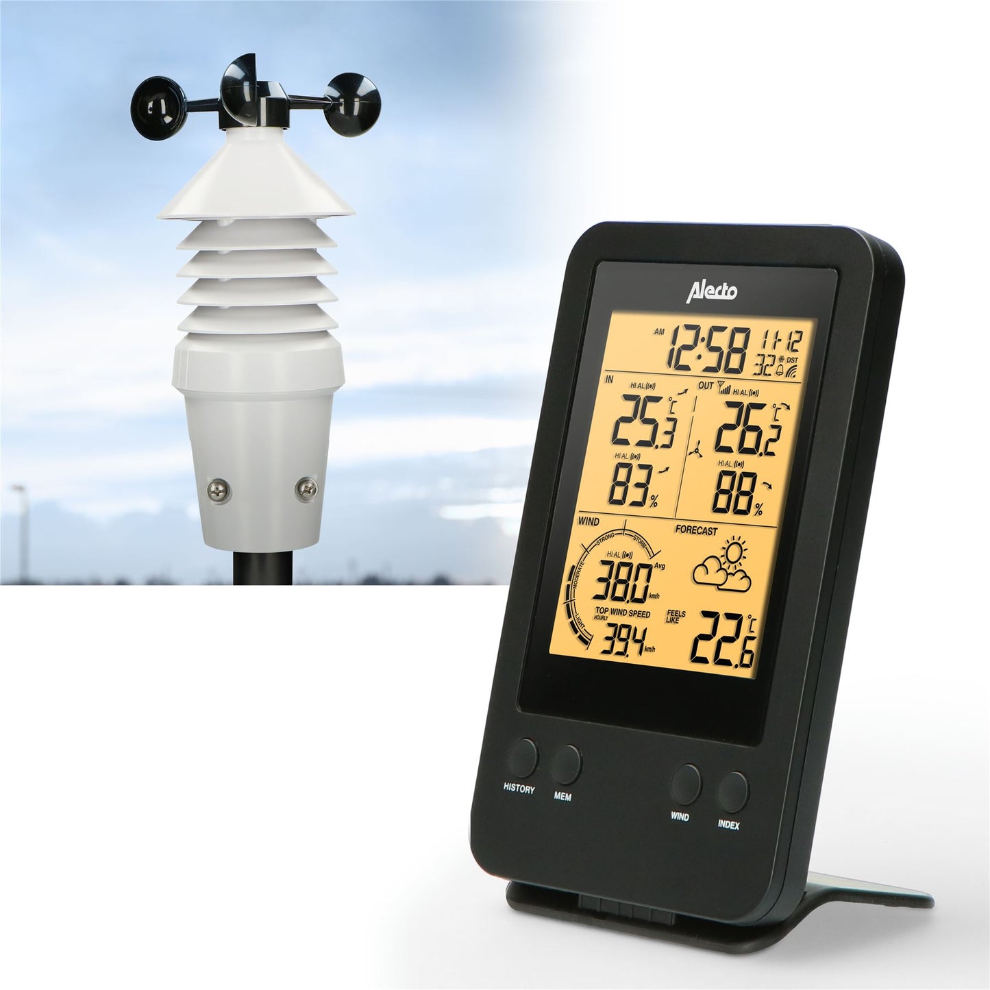 Alecto Weather Station | Indoor and Outdoor Temperature, Forcast, Wind, Humidity & More | Outside Wireless sensor | Black