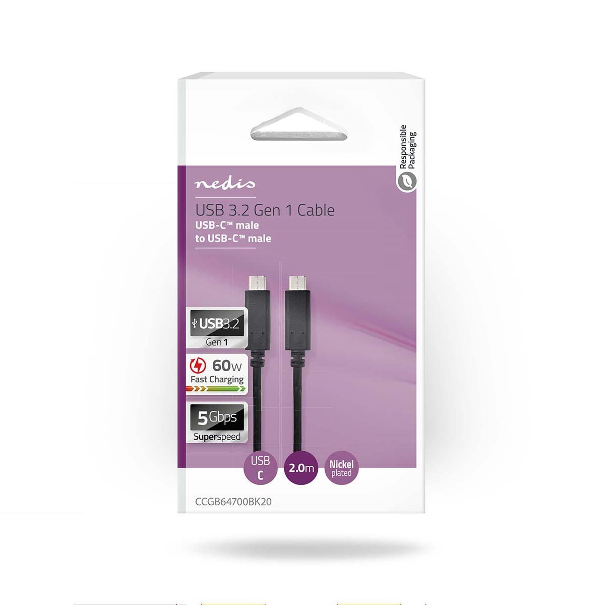 Nedis USB Cable | USB 3.2 Gen 1 | USB-C™ Male | USB-C™ Male | 60 W | 4K@60Hz | 5 Gbps | Nickel Plated | 2.00 m | Round | PVC | Black | Box