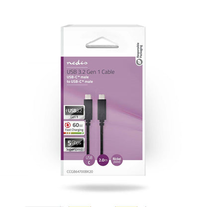 Nedis USB Cable | USB 3.2 Gen 1 | USB-C™ Male | USB-C™ Male | 60 W | 4K@60Hz | 5 Gbps | Nickel Plated | 2.00 m | Round | PVC | Black | Box