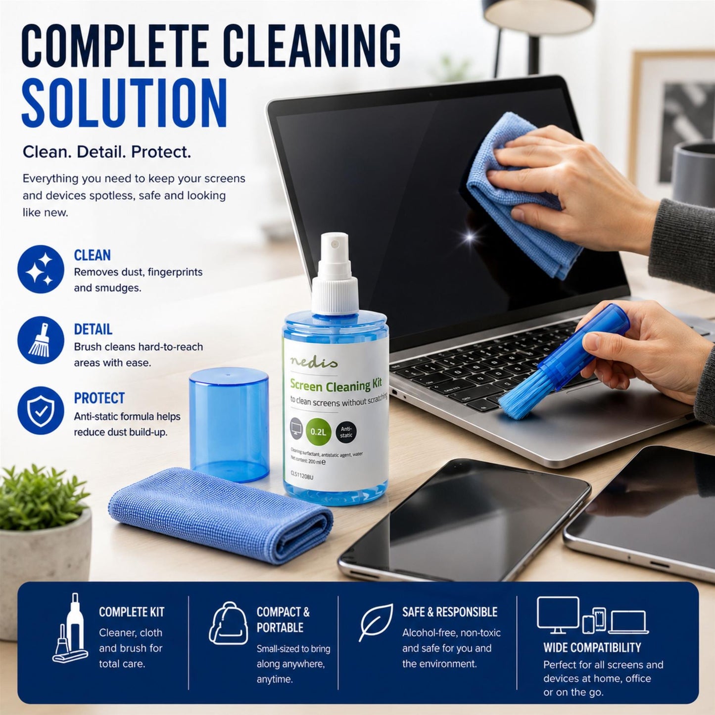 Nedis Screen Cleaner | Spray | 200 ml | Notebook / Smartphone / Tablet / TV Screen | Wiper included