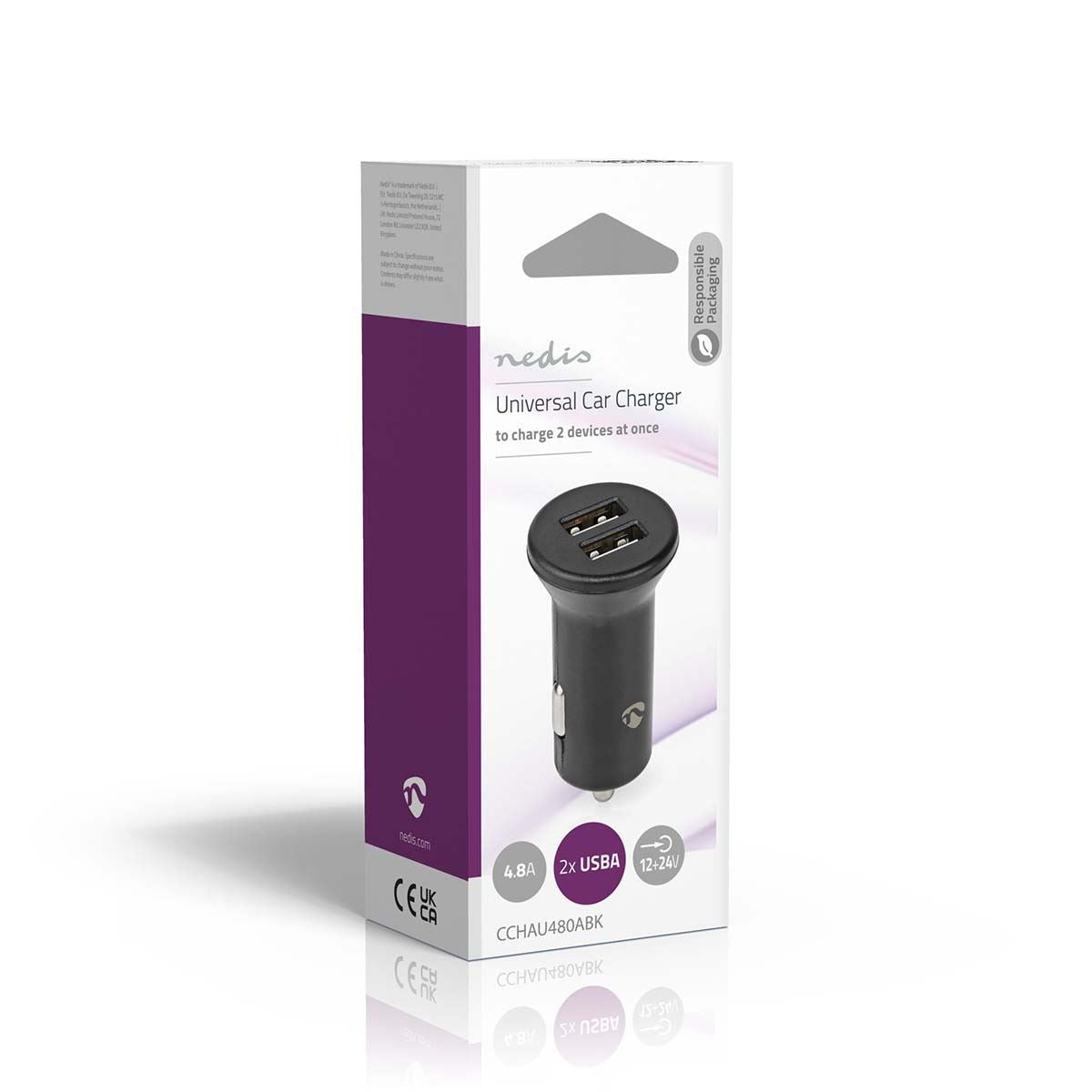Nedis CCHAU480ABK | Car Charger | 24 W | 2x 2.4 A | Number of outputs: 2 | Port type: 2x USB-A | | Single Voltage Output