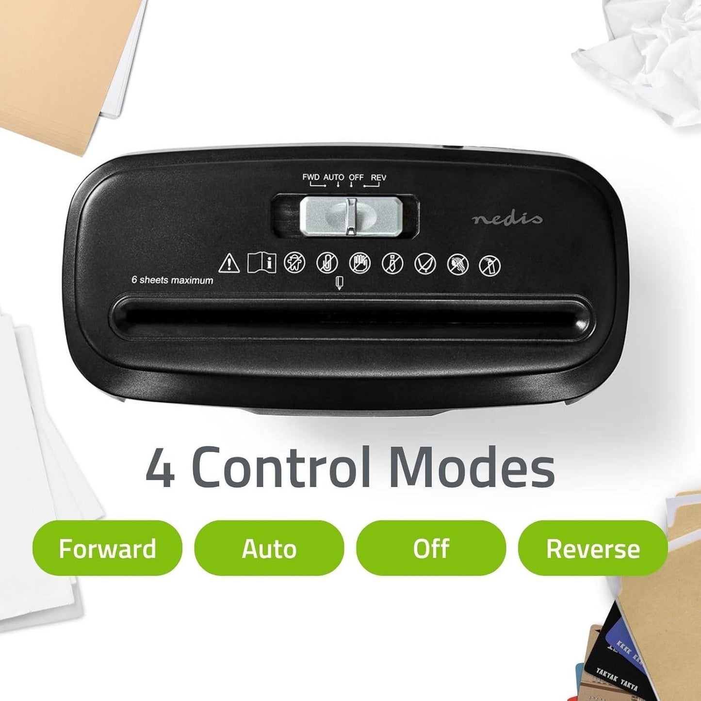 Nedis Paper Shredder | Strip Cut | 6x A4 pages | 10 l | Safety standard: DIN 2 | 190 W | Black