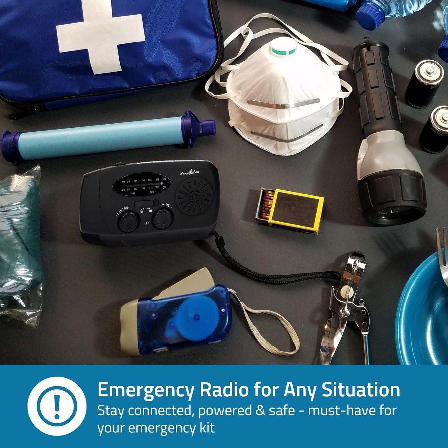 Nedis Emergency Radio | Table Design | AM / FM | Powerbank function | Battery Powered / Hand Crank / USB Powered | Black