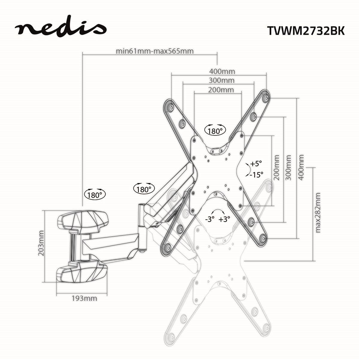 Nedis Vertical TV Wall Mount | 23 - 55 " | Maximum supported screen weight: 30 kg | Vertical movement range: 0-282 mm | Minimum wall distance: 61 mm | Maximum wall distance: 565 mm | Tiltable | Rotatable | 3 Pivot point(s) | ABS / Steel | Black