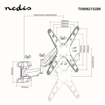Nedis Vertical TV Wall Mount | 23 - 55 " | Maximum supported screen weight: 30 kg | Vertical movement range: 0-282 mm | Minimum wall distance: 61 mm | Maximum wall distance: 565 mm | Tiltable | Rotatable | 3 Pivot point(s) | ABS / Steel | Black