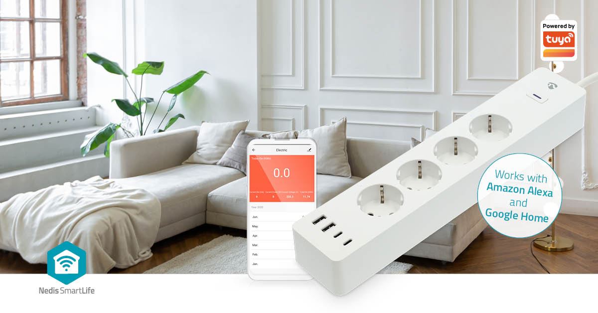 Nedis SmartLife Power Strip | Wi-Fi | 2x USB-A / 2x USB-C™ / 4x plug with earth contact (CEE 7/3) | 16 A | 3680 W | 2.00 m | 0 - 55 °C | Android™ / IOS | White