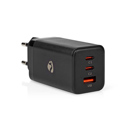 Nedis Wall Charger | 65 W | GaN | PD3.0 18W / PD3.0 20W / PD3.0 27W / PD3.0 36W / PD3.0 45W / PD3.0 60W / PD3.0 65W / QC3.0 | Quick charge feature | 3.0 / 3.25 A | Number of outputs: 3 | USB-A / 2x USB-C™ | Automatic Voltage Selection | Black